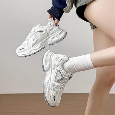 Women Thick Sole Mesh Sneakers 2026 Spring Fashion Height Increasing Casual Student Running Shoes Breathable Lace Up Chunky Sneakers