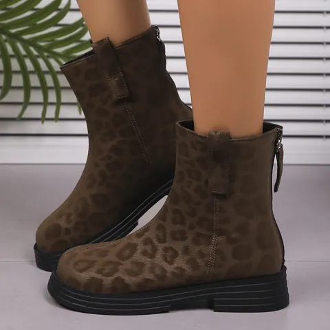 Women's Leopard Print Ankle Boots Round Toe Block Heel Fashion Casual Short Boots With Back Zipper PU Leather Warm Footwear
