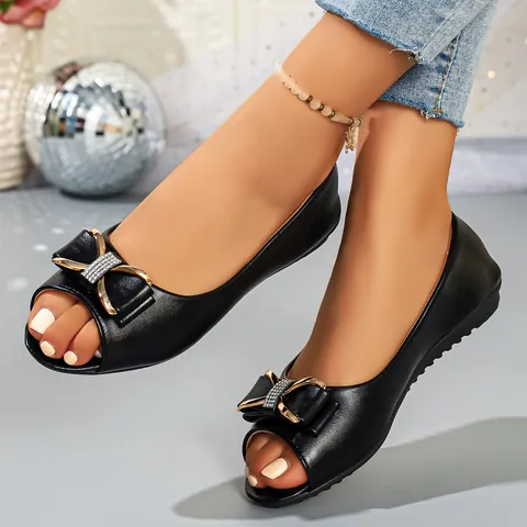 French Style Women Peep Toe Flat Sandals PU Leather Rhinestone Bowknot Decor Casual Slip On Mother Shoes Vintage Ballet Flats