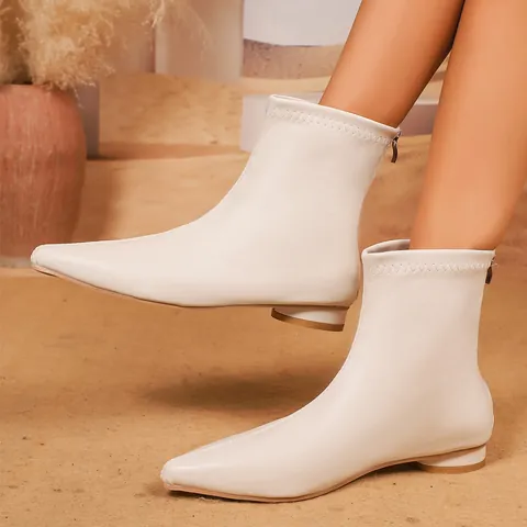Stivaletti da Donna a Punta Moda Elasticizzati in Pelle Sintetica Tacco Basso Largo Cerniera Posteriore Stivali Corti