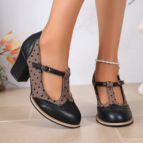 Zapatos Mary Jane de Bloque de Color de Lunares Retro Mujer Tacón Ancho Alto Correa en T Hebilla Estilo Británico Zapatos de Tacón