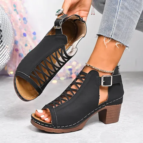 Women's Fashion Block Heel Sandals Peep Toe Cut Out Buckle High Heel Summer Shoes For Women Cross Strap Roman Sandals