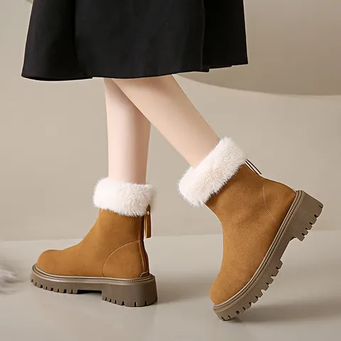 Dames Sneeuwlaarzen Winter Pluche Voering Enkellaarzen Rits aan de Achterkant Faux Fur Trim Koeiensuède Dikke Zool Antislip Warme Schoenen