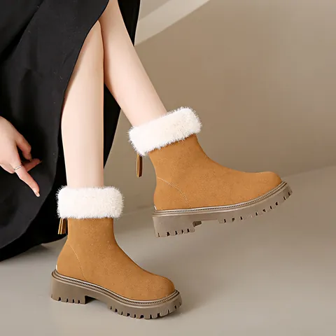 Dames Sneeuwlaarzen Winter Pluche Voering Enkellaarzen Rits aan de Achterkant Faux Fur Trim Koeiensuède Dikke Zool Antislip Warme Schoenen