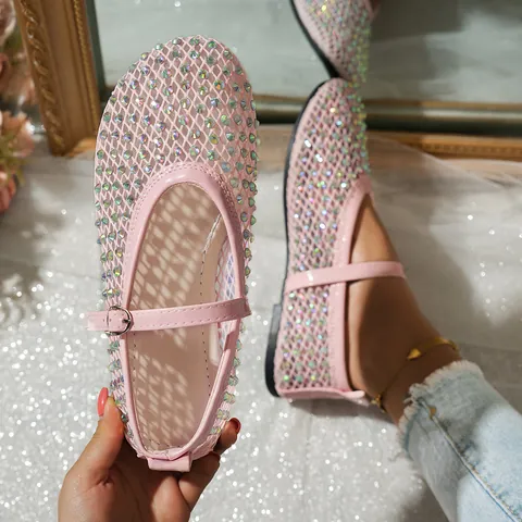 Sandalias Mary Jane de Malla con Diamantes de Imitación para Mujer Transpirables Planas Punta Cerrada Elegante Brillante Verano Exterior Playa Zapatos