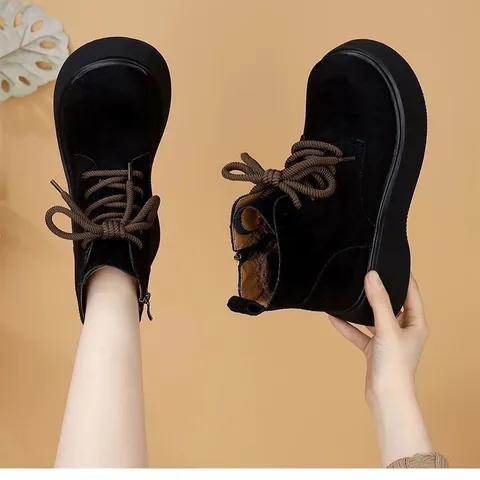 Women Cow Suede Platform Martin Boots Plush Lined Warm Winter Ankle Boots Lace-up Side Zipper Heightening Casual Snow Boots