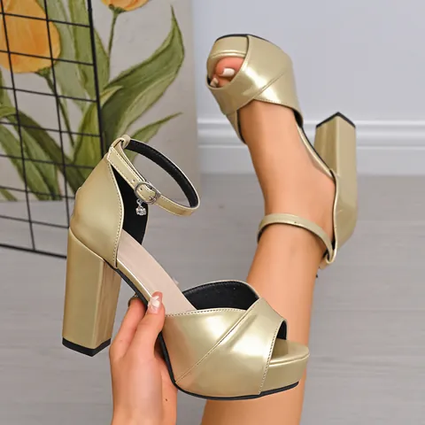 Women's Metallic Peep Toe Platform Sandals Chunky High Heels With Rhinestone Buckle Artificial Pearl Strap Fashion Party Shoes