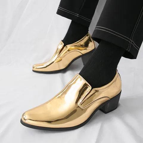 Men Glossy Patent Leather Dress Shoes Slip-on Loafers Cuban Heel Height Increasing Round Toe Business Formal Stage Wedding Shoes