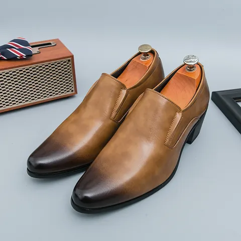 Men Glossy Patent Leather Dress Shoes Slip-on Loafers Cuban Heel Height Increasing Round Toe Business Formal Stage Wedding Shoes