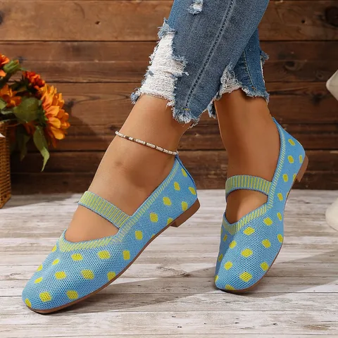 Ballerine in Maglia a Pois da Donna Punta Quadrata Cinturino Elastico Scarpe Mary Jane Casual Traspiranti Scarpe Basse
