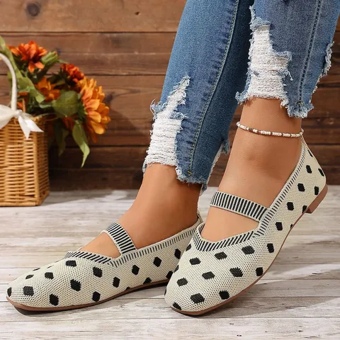 Ballerine in Maglia a Pois da Donna Punta Quadrata Cinturino Elastico Scarpe Mary Jane Casual Traspiranti Scarpe Basse