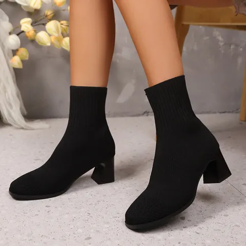 Women's Knitted Sock Boots Chunky High Heel Mid Calf Boots British Style Slip-On Ankle Boots Autumn Winter Fashion Solid Color Casual Shoes