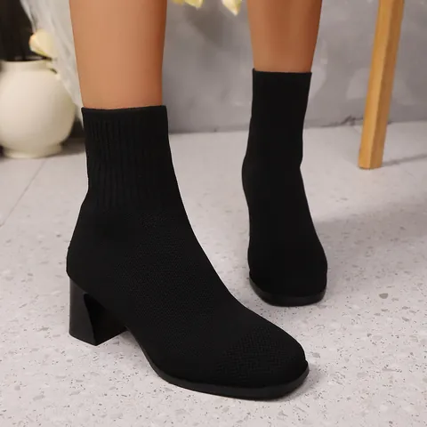 Women's Knitted Sock Boots Chunky High Heel Mid Calf Boots British Style Slip-On Ankle Boots Autumn Winter Fashion Solid Color Casual Shoes