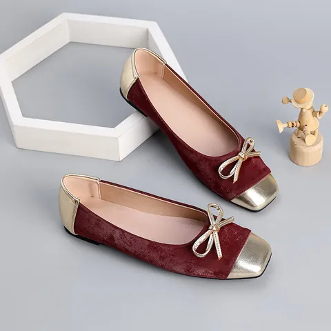 Women Chinese Style Square Toe Ballet Flats Velvet Patchwork Bow Flat Shoes Elegant Soft Slip-on Single Shoes For Daily Wear
