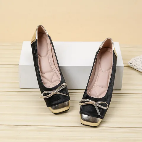Women Chinese Style Square Toe Ballet Flats Velvet Patchwork Bow Flat Shoes Elegant Soft Slip-on Single Shoes For Daily Wear