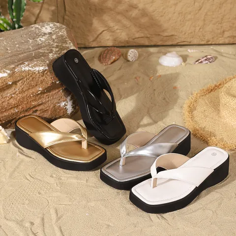 Women's Thick Sole Flip Flops Square Toe Thong Sandals Wedge Beach Shoes Black Gold Silver White