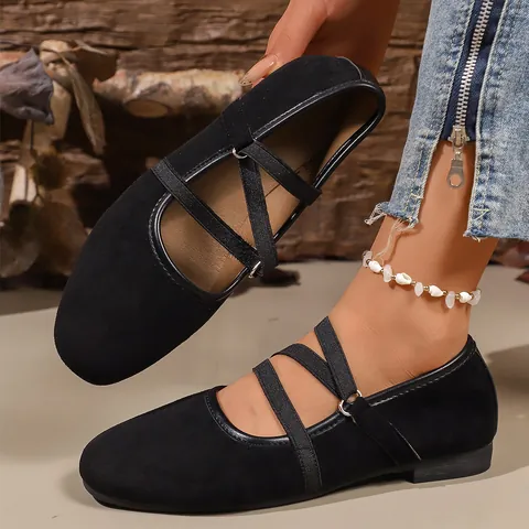Women Ballet Flats Mary Jane Shoes Faux Suede Leopard Mesh Cross Elastic Straps Square Toe Flat Shoes For Daily Casual