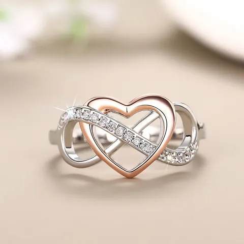 Bague Bicolore Coeur Infini Design Niche Pour Femme Luxe Alliage de Cuivre Or Argent Strass Pavé Bague Cadeau Mariage Rencontre