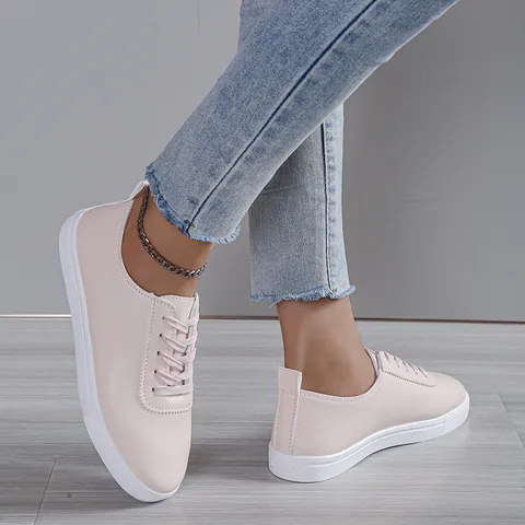 Fashion Women White Casual Sneakers PU Leather Flat Anti-slip Lace-up Board Shoes Plus Size Roman Style Spring Summer Walking Shoes