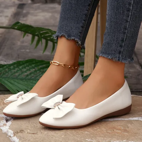 Women Korean Pointed Toe Bowknot Rhinestone Loafers Comfortable PU Leather Shallow Mouth Slip On Flat Single Shoes