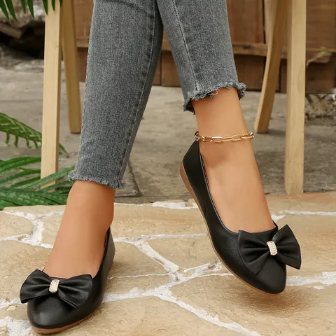 Women Korean Pointed Toe Bowknot Rhinestone Loafers Comfortable PU Leather Shallow Mouth Slip On Flat Single Shoes