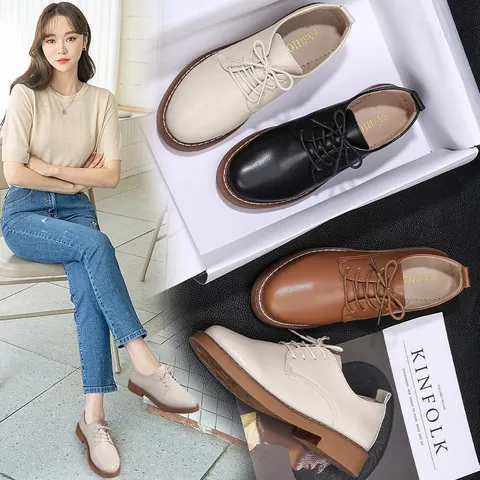 Women Casual Cowhide Leather Shoes Vintage British Style Retro Lace-up Loafers Beige Black Brown Gum Sole Soft Walking Footwear