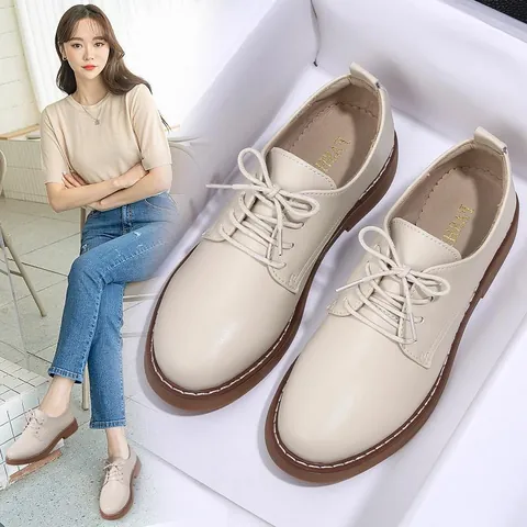 Women Casual Cowhide Leather Shoes Vintage British Style Retro Lace-up Loafers Beige Black Brown Gum Sole Soft Walking Footwear