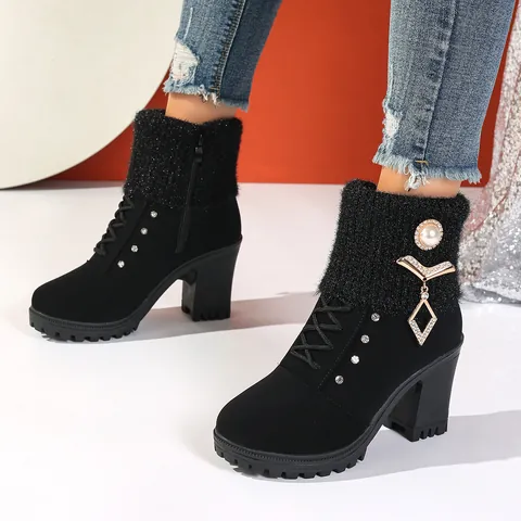 Women's Winter Warm Faux Fur Lining Ankle Boots Knitted Cuff Rhinestone Pearl Pendant Chunky High Heel Martin Boots