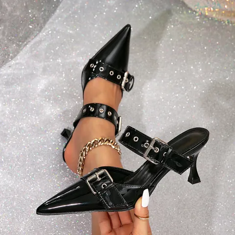 Women Pointed Toe Patent Leather High Heels Double Buckle Strap Backless Mules Niche Design Mature Style Casual Dress Shoes