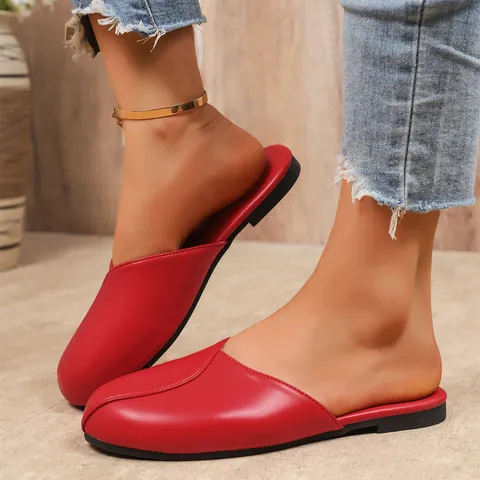 Γυναικεία Επίπεδα Mules με Κλειστή Μύτη Casual Στρογγυλή Μύτη Slip On Μοκασίνια Καλοκαιρινά Άνετα Δερμάτινα PU Παντόφλες Μόδας Υποδήματα