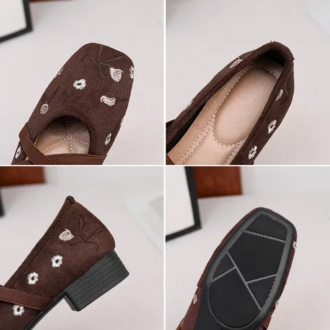 Vintage Bestickt Blumen Mary Janes Für Damen Blockabsatz Kreuzbänder Kunstpelz Eckige Zehe Slipper Niedriger Absatz Komfort Schuhe