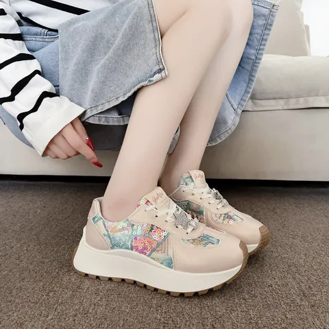 Women Chunky Sneakers Color-Blocked Sequin Fashion Thick Sole Breathable Platform Shoes With Rhinestone Star Charm Sneakers