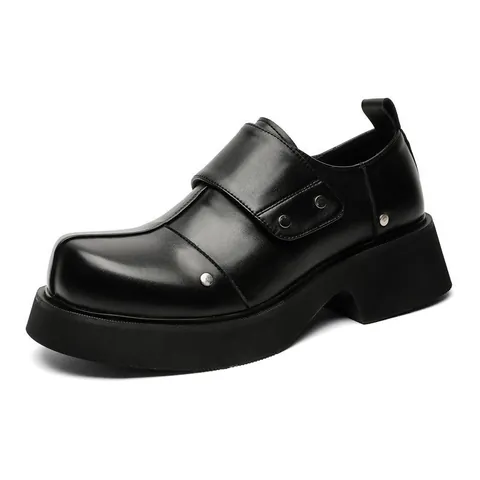 Men British Style Business Casual Platform Leather Shoes Rivet Round Toe Thick Sole Retro Derby Shoes Non-Slip Black