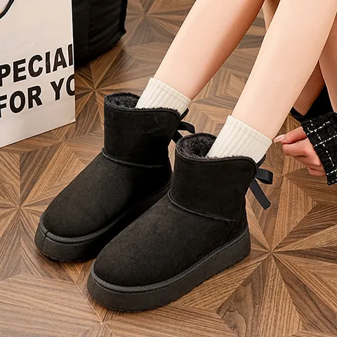 2025 Winter New Women Snow Boots Sheepskin Integrated Platform Thickened Bow Ribbon Fleece Warm Boots