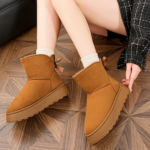 Damen Schneestiefel Mit Kunstfell Gefüttert Warm Plateau Baumwollschuhe Hinten Schleife Detail Lässig Weich PU Leder Winterstiefel