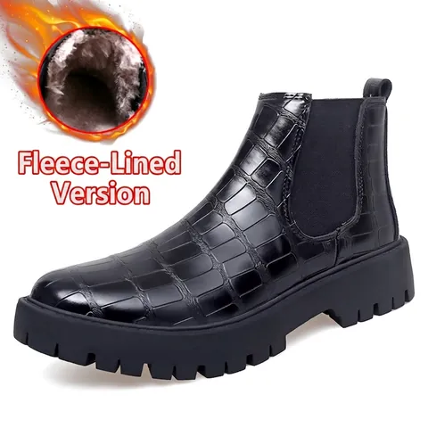 Stivaletti Chelsea da Uomo in Pelle di Vacchetta Goffrata Stivali Martin Vintage Motivo Coccodrillo Punta Tonda Slip-on Tronchetti Alti Suola in Gomma Spessa Scarpe Casual Retro