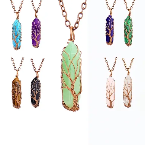 Tree Of Life Agate Hexagonal Crystal Pendant Necklace For Women Retro Handmade Wire Wrapped Natural Stone Jewelry Gift