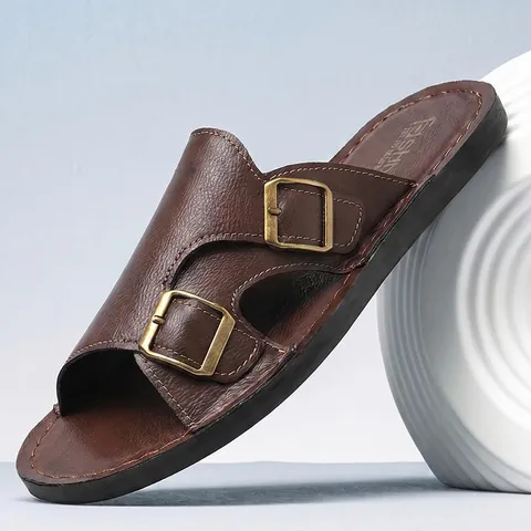 Men Summer Casual Slides Sandals Microfiber Leather Double Buckle Adjustable Flat Outdoor Breathable Beach Slippers