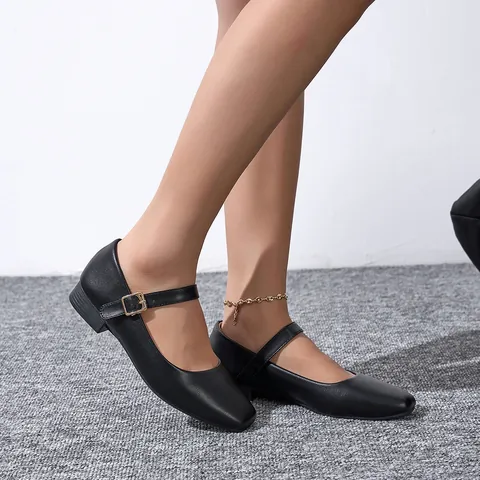 Zapatos Mary Jane Retro para Mujer Punta Cuadrada Tacón de Bloque Cuero PU Correa con Hebilla Color Sólido Boca Superficial Casual