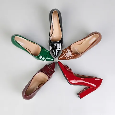 Fashion Pointed Toe Chunky Heel Patent Artificial Leather Pumps For Women Plus Size Square Buckle Single Shoes Office Party High Heels Dress Shoes