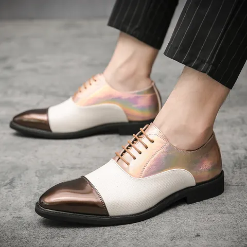 Scarpe in Pelle Uomo Stile Britannico Blocchi di Colore Stringate Punta Arrotondata Casual Moda Oxford Scarpe da Parrucchiere