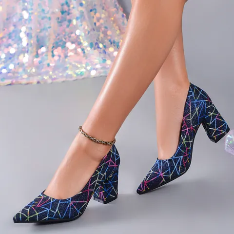 Women Elegant Glitter Pointed Toe Block Heel Pumps Colorful Geometric Pattern Banquet Wedding Evening Dress Shoes