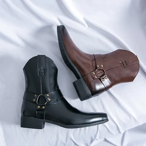 Bottes de Cowboy de l'Ouest pour Hommes en Cuir PU Vintage à Bout Pointu avec Fermeture Éclair Latérale Bottes Mi-Mollet avec Décor de Rivets d'Anneau en Métal