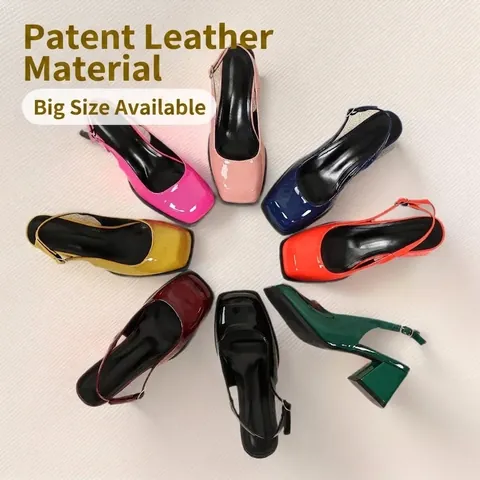 Women Patent Leather Mary Jane Shoes Square Toe Block Heel Slingback Pumps Glossy Buckle Strap High Heels Professional Shoes