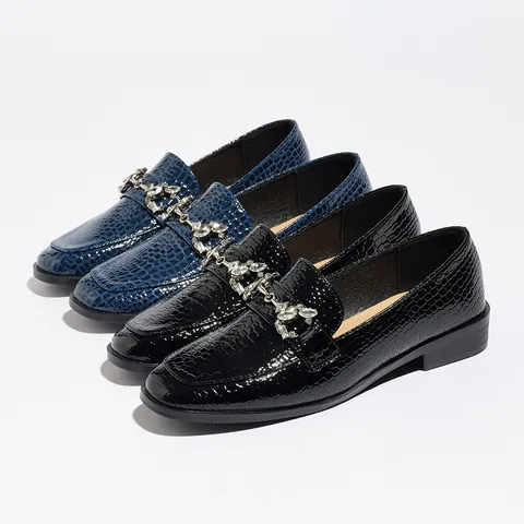 British Retro Women Crocodile Pattern Loafers Rhinestone Metal Buckle Square Toe Low Heel Flat Shoes Daily Work Casual Shoes