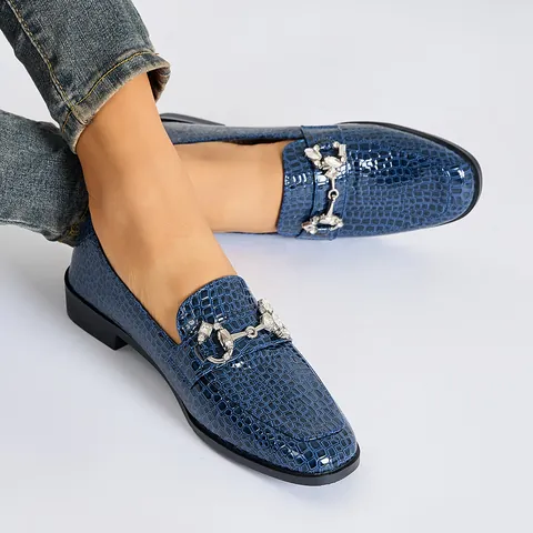 British Retro Women Crocodile Pattern Loafers Rhinestone Metal Buckle Square Toe Low Heel Flat Shoes Daily Work Casual Shoes