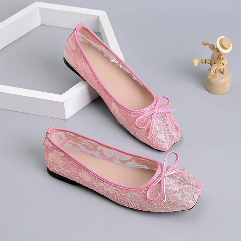 Women Mesh Hollow Out Ballet Flats Bow Square Toe Flat Shoes Slip On Breathable Summer Mules Sweet Style Ballet Shoes