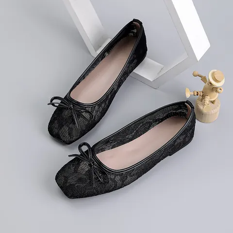 Women Mesh Hollow Out Ballet Flats Bow Square Toe Flat Shoes Slip On Breathable Summer Mules Sweet Style Ballet Shoes
