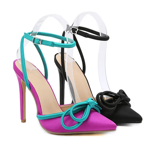 Women Bow Stiletto High Heels Pointed Toe Ankle Strap Cutout Catwalk Sandals Sexy PU Leather Shoes