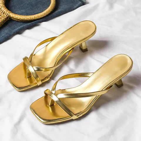 Women's Summer Kitten Heel Thong Sandals Square Toe PU Leather Slip On High Heel Slides Elegant Flip Flops Leopard Gold Pink Sandals